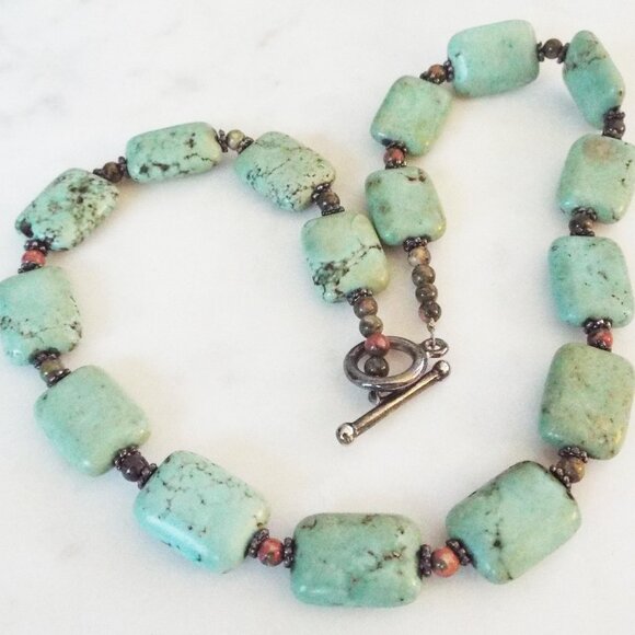 RARE LIGHT BLUE GREEN TURQUOISE "PILLOWS" W/ MULTICOLOR STONE BEADS NECKLACE D